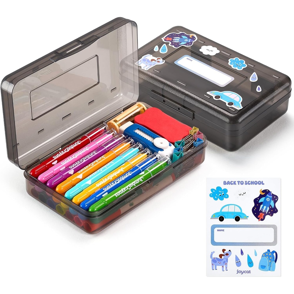GAMENOTE Plastic Pencil Box with Personalized Sticker,Kid Hard Pencil Case with Snap-tight Lid,Small Art Craft Storage Containers,School Supplies Box for Boys,Girls ((Blue/Green/Pink) 3Pack)(Grey)