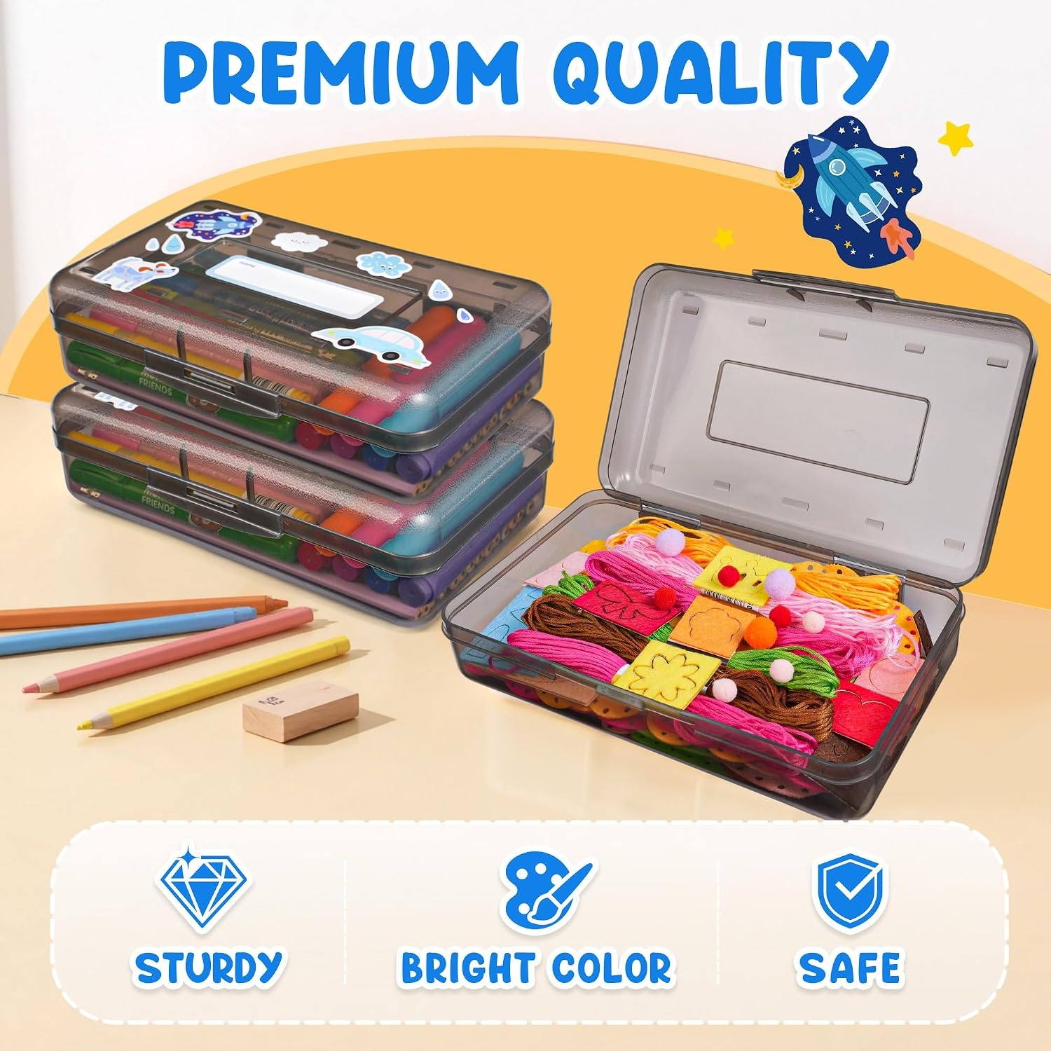 GAMENOTE Plastic Pencil Box with Personalized Sticker,Kid Hard Pencil Case with Snap-tight Lid,Small Art Craft Storage Containers,School Supplies Box for Boys,Girls ((Blue/Green/Pink) 3Pack)(Grey)