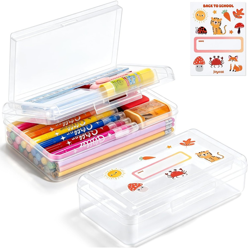 GAMENOTE Plastic Pencil Box with Personalized Sticker,Kid Hard Pencil Case with Snap-tight Lid,Small Art Craft Storage Containers,School Supplies Box for Boys,Girls ((Blue/Green/Pink) 3Pack)(Double-Layer Clear)