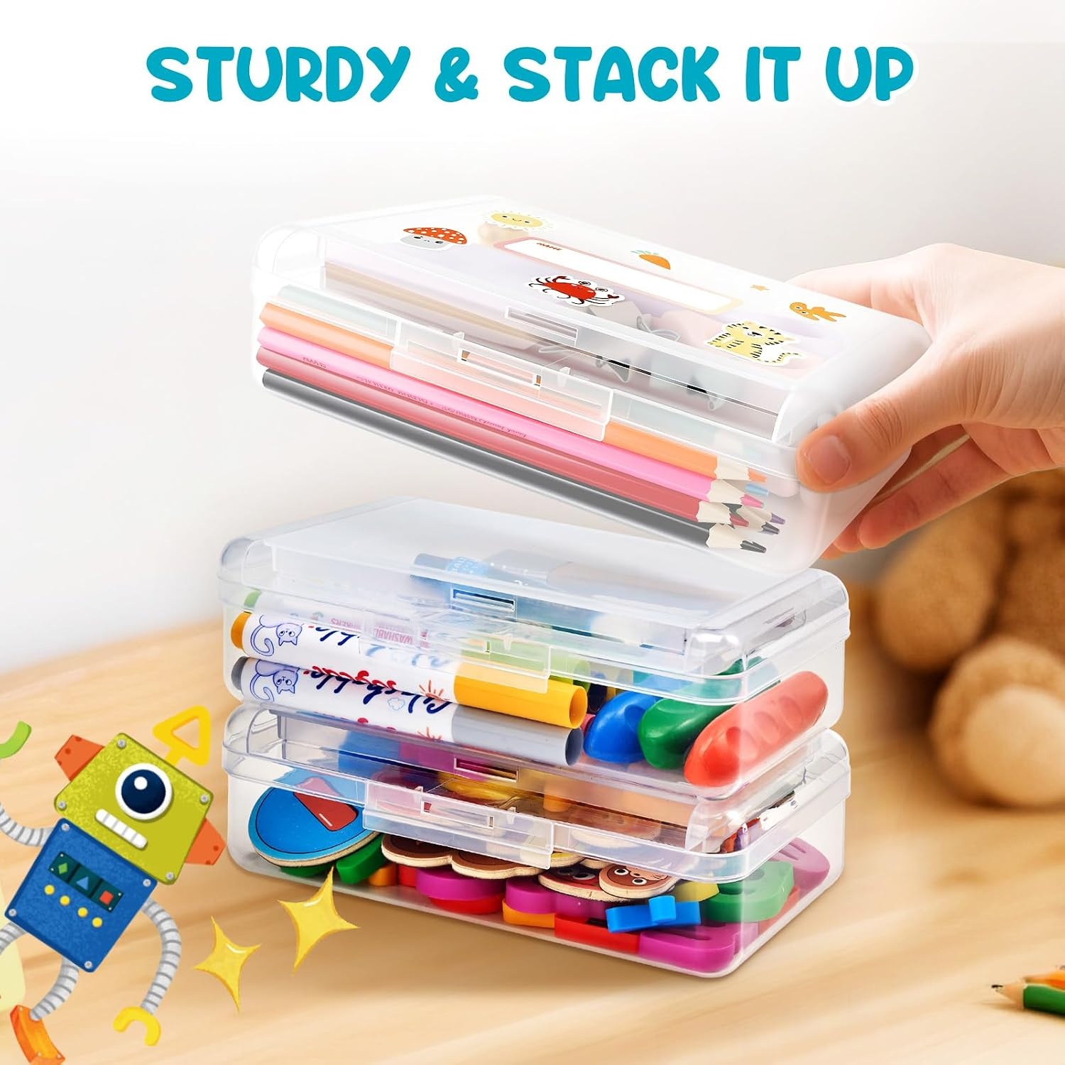 GAMENOTE Plastic Pencil Box with Personalized Sticker,Kid Hard Pencil Case with Snap-tight Lid,Small Art Craft Storage Containers,School Supplies Box for Boys,Girls ((Blue/Green/Pink) 3Pack)(Double-Layer Clear)