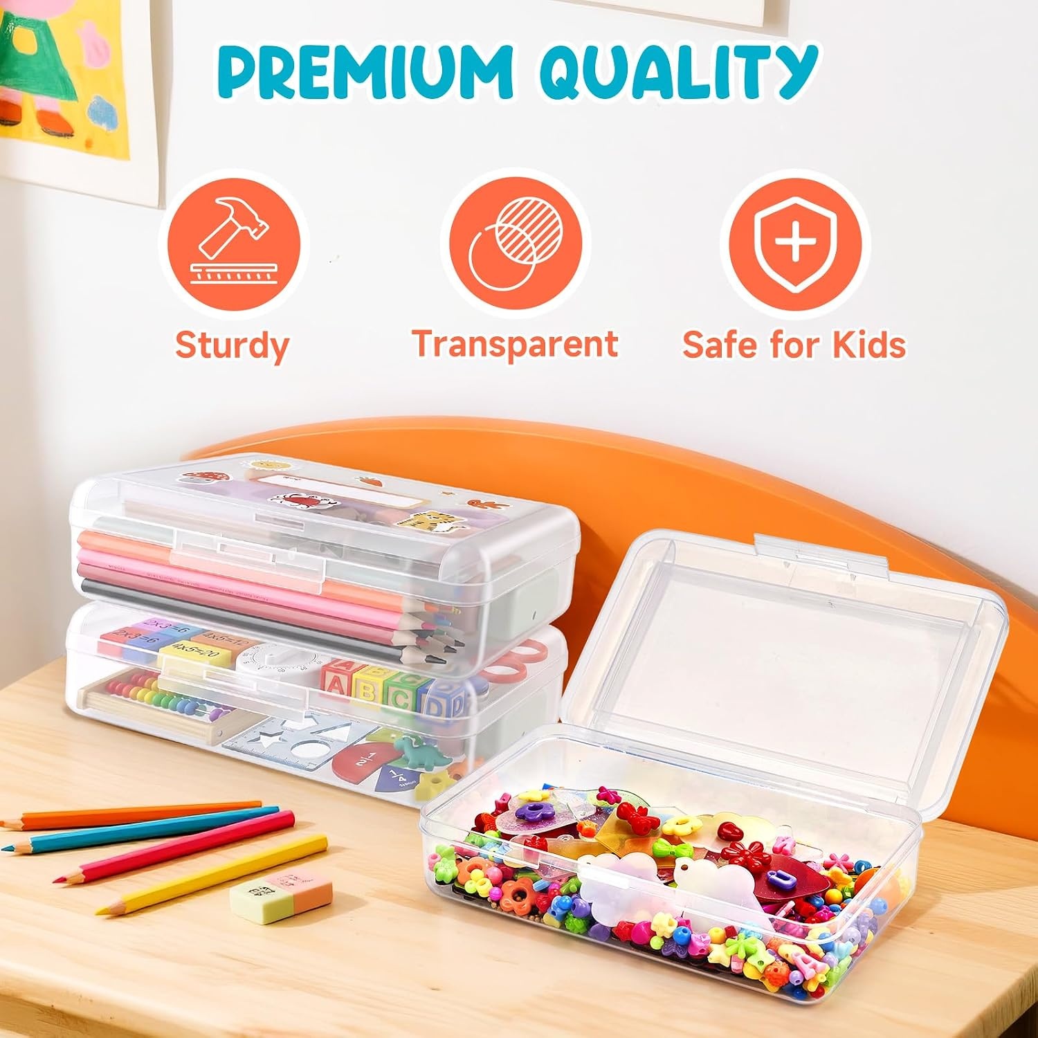 GAMENOTE Plastic Pencil Box with Personalized Sticker,Kid Hard Pencil Case with Snap-tight Lid,Small Art Craft Storage Containers,School Supplies Box for Boys,Girls ((Blue/Green/Pink) 3Pack)(Double-Layer Clear)
