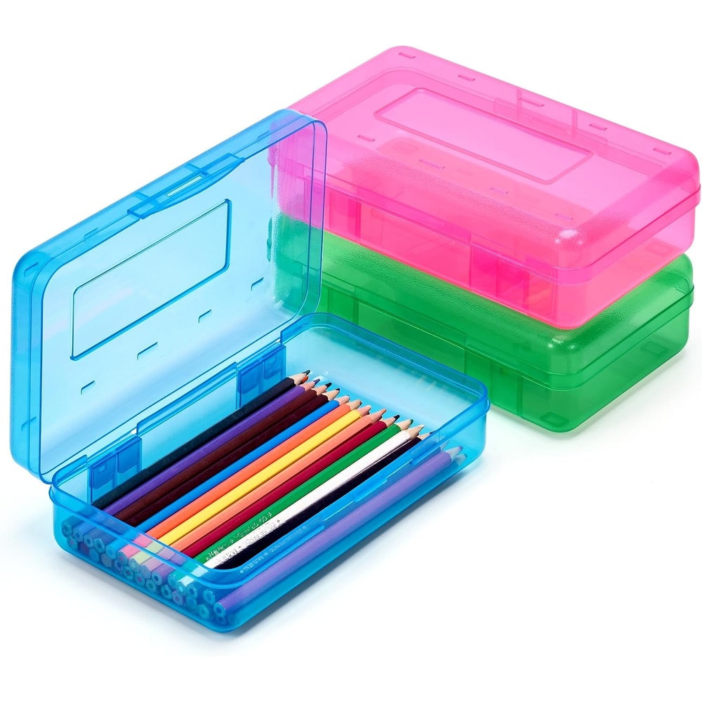 GAMENOTE Plastic Pencil Box with Personalized Sticker,Kid Hard Pencil Case with Snap-tight Lid,Small Art Craft Storage Containers,School Supplies Box for Boys,Girls ((Blue/Green/Pink) 3Pack)((Blue/Green/Pink)3Pack)