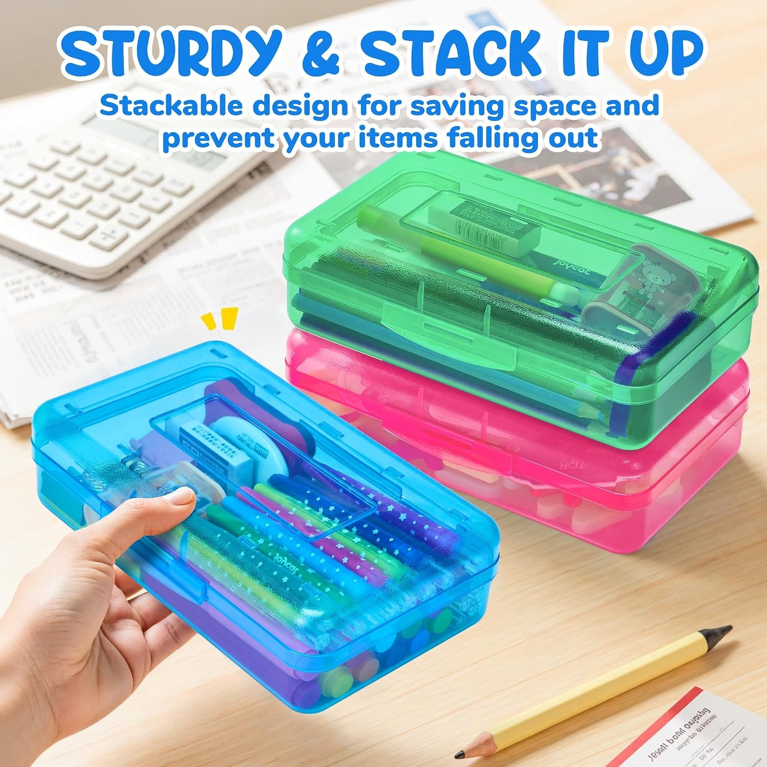 GAMENOTE Plastic Pencil Box with Personalized Sticker,Kid Hard Pencil Case with Snap-tight Lid,Small Art Craft Storage Containers,School Supplies Box for Boys,Girls ((Blue/Green/Pink) 3Pack)((Blue/Green/Pink)3Pack)