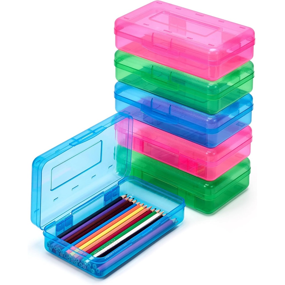GAMENOTE Plastic Pencil Box with Personalized Sticker,Kid Hard Pencil Case with Snap-tight Lid,Small Art Craft Storage Containers,School Supplies Box for Boys,Girls ((Blue/Green/Pink) 3Pack)((Blue/Green/Pink)6Pack)