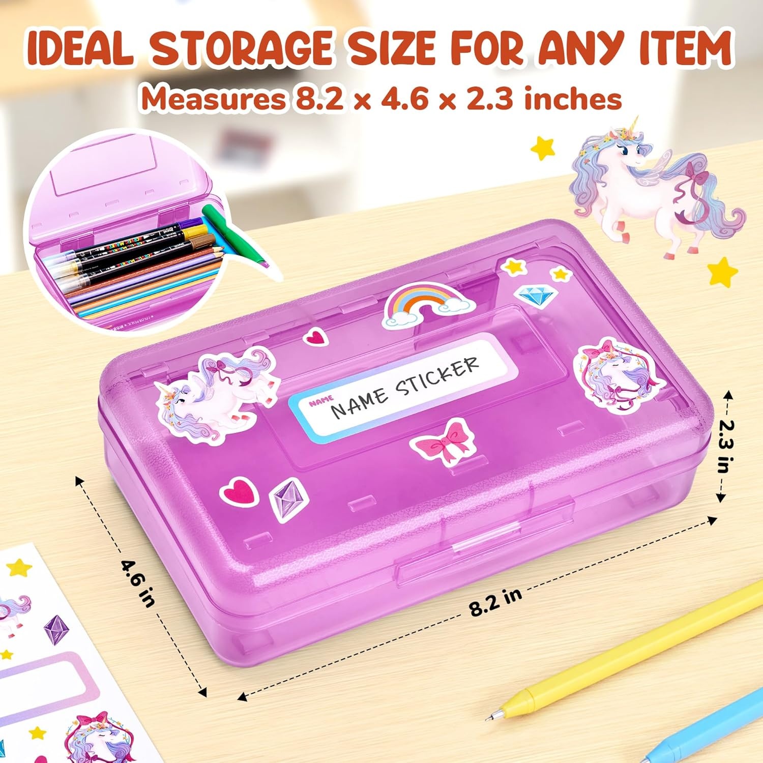 GAMENOTE Plastic Pencil Box with Personalized Sticker,Kid Hard Pencil Case with Snap-tight Lid,Small Art Craft Storage Containers,School Supplies Box for Boys,Girls (Blue)(Purple)