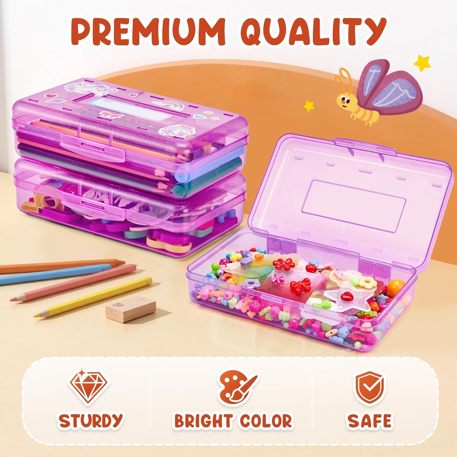 GAMENOTE Plastic Pencil Box with Personalized Sticker,Kid Hard Pencil Case with Snap-tight Lid,Small Art Craft Storage Containers,School Supplies Box for Boys,Girls (Blue)(Purple)