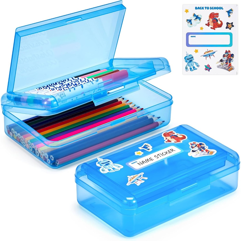 GAMENOTE Plastic Pencil Box with Personalized Sticker,Kid Hard Pencil Case with Snap-tight Lid,Small Art Craft Storage Containers,School Supplies Box for Boys,Girls ((Blue/Green/Pink) 3Pack)(Double-Layer Blue)