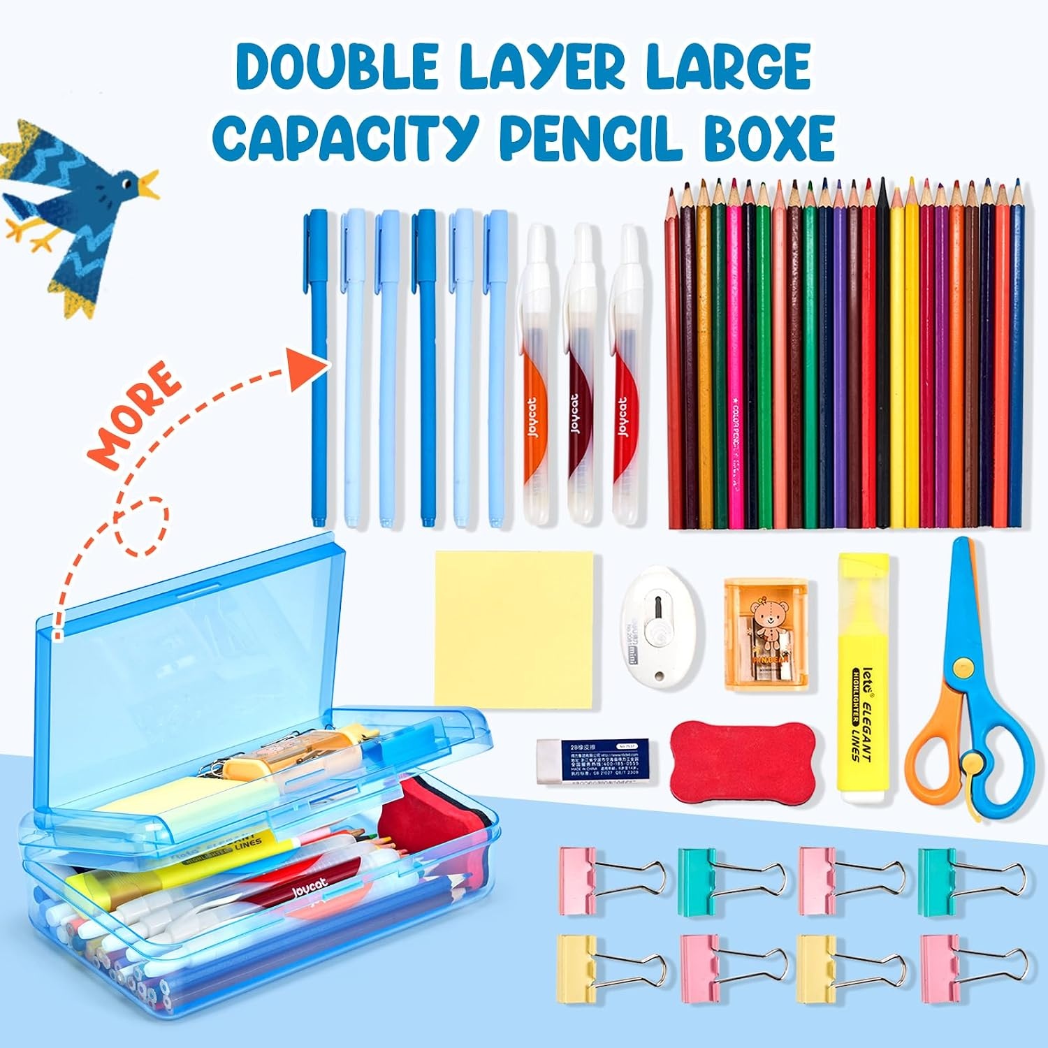GAMENOTE Plastic Pencil Box with Personalized Sticker,Kid Hard Pencil Case with Snap-tight Lid,Small Art Craft Storage Containers,School Supplies Box for Boys,Girls ((Blue/Green/Pink) 3Pack)(Double-Layer Blue)