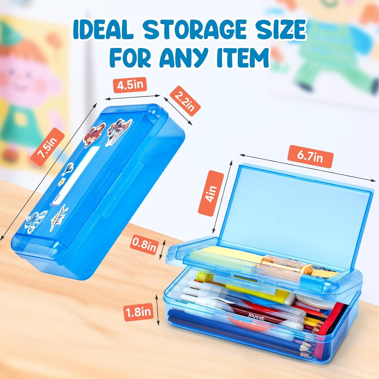 GAMENOTE Plastic Pencil Box with Personalized Sticker,Kid Hard Pencil Case with Snap-tight Lid,Small Art Craft Storage Containers,School Supplies Box for Boys,Girls ((Blue/Green/Pink) 3Pack)(Double-Layer Blue)