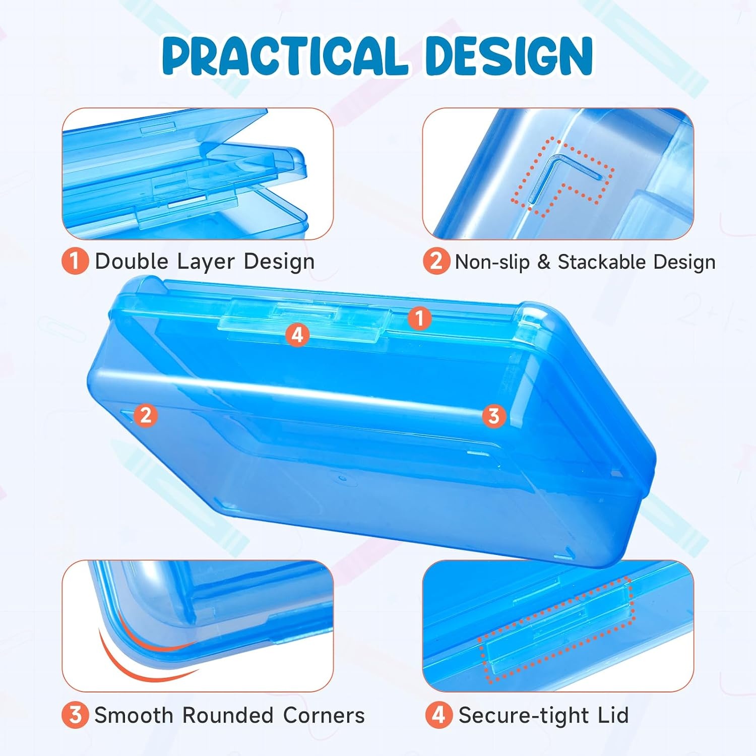 GAMENOTE Plastic Pencil Box with Personalized Sticker,Kid Hard Pencil Case with Snap-tight Lid,Small Art Craft Storage Containers,School Supplies Box for Boys,Girls ((Blue/Green/Pink) 3Pack)(Double-Layer Blue)