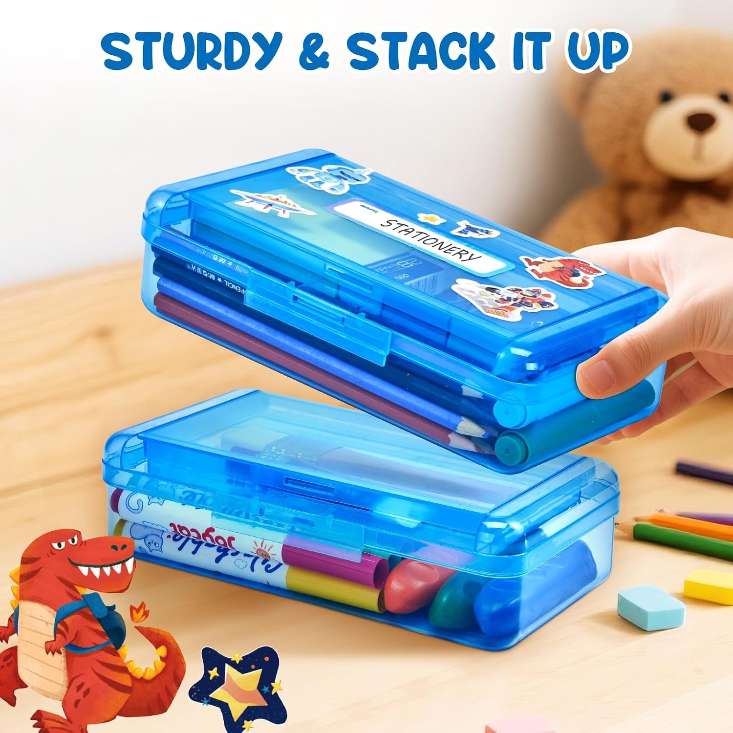 GAMENOTE Plastic Pencil Box with Personalized Sticker,Kid Hard Pencil Case with Snap-tight Lid,Small Art Craft Storage Containers,School Supplies Box for Boys,Girls ((Blue/Green/Pink) 3Pack)(Double-Layer Blue)