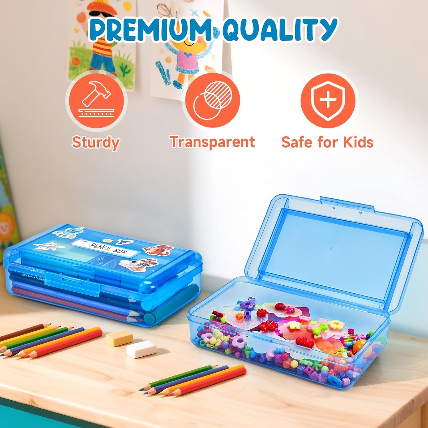 GAMENOTE Plastic Pencil Box with Personalized Sticker,Kid Hard Pencil Case with Snap-tight Lid,Small Art Craft Storage Containers,School Supplies Box for Boys,Girls ((Blue/Green/Pink) 3Pack)(Double-Layer Blue)