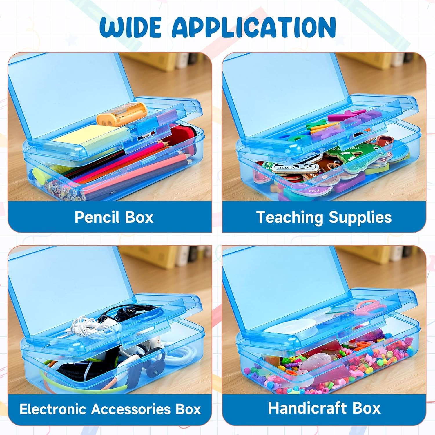 GAMENOTE Plastic Pencil Box with Personalized Sticker,Kid Hard Pencil Case with Snap-tight Lid,Small Art Craft Storage Containers,School Supplies Box for Boys,Girls ((Blue/Green/Pink) 3Pack)(Double-Layer Blue)