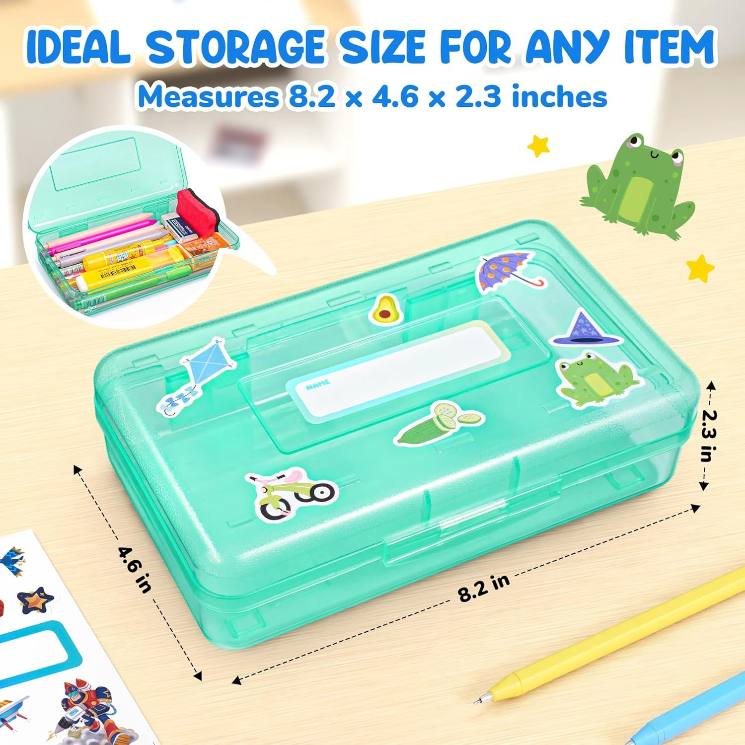 GAMENOTE Plastic Pencil Box with Personalized Sticker,Kid Hard Pencil Case with Snap-tight Lid,Small Art Craft Storage Containers,School Supplies Box for Boys,Girls (Blue)(Turquoise)
