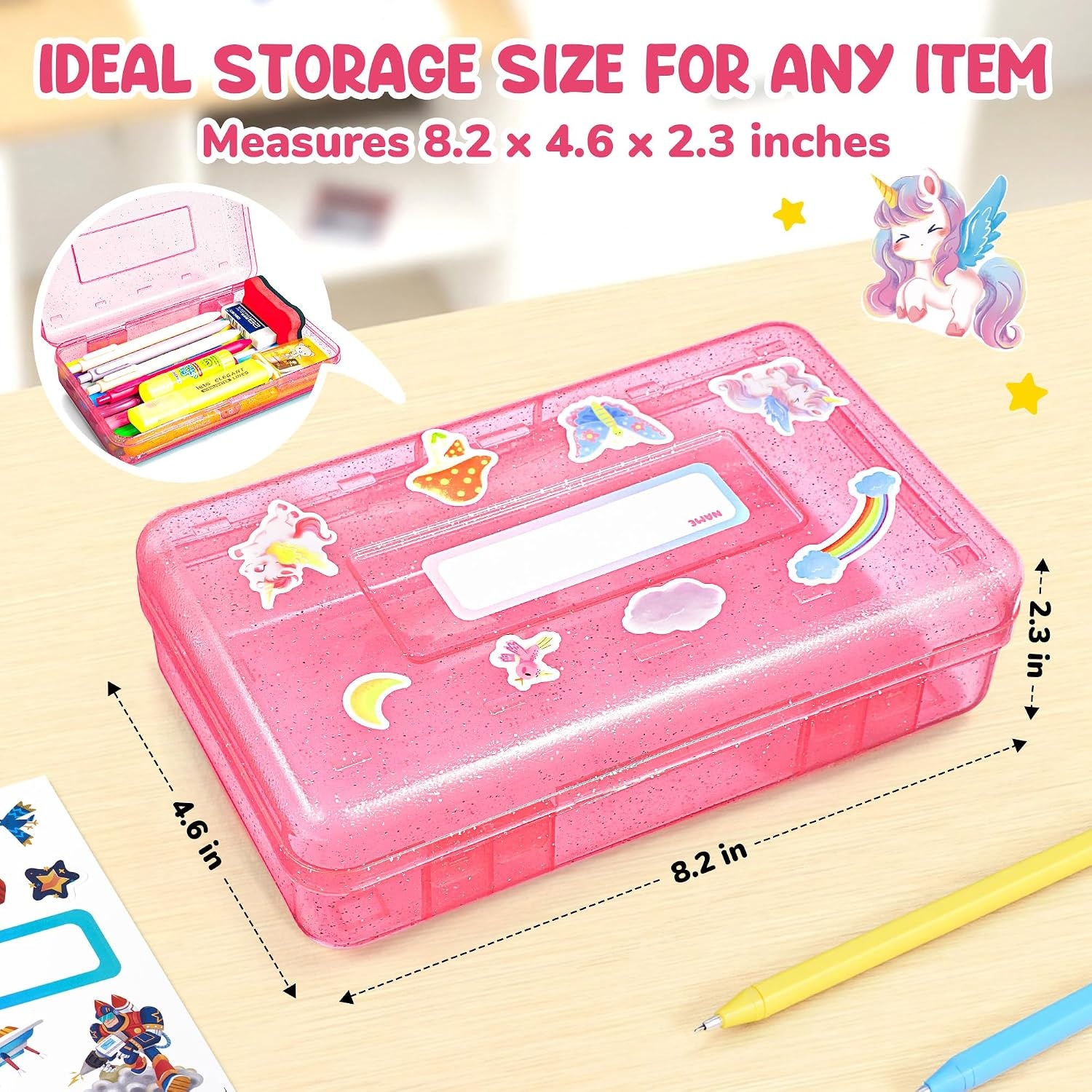 GAMENOTE Plastic Pencil Box with Personalized Sticker,Kid Hard Pencil Case with Snap-tight Lid,Small Art Craft Storage Containers,School Supplies Box for Boys,Girls ((Blue/Green/Pink) 3Pack)(Glitter Pink)