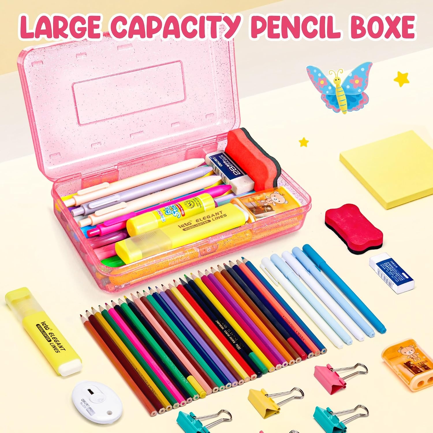 GAMENOTE Plastic Pencil Box with Personalized Sticker,Kid Hard Pencil Case with Snap-tight Lid,Small Art Craft Storage Containers,School Supplies Box for Boys,Girls ((Blue/Green/Pink) 3Pack)(Glitter Pink)