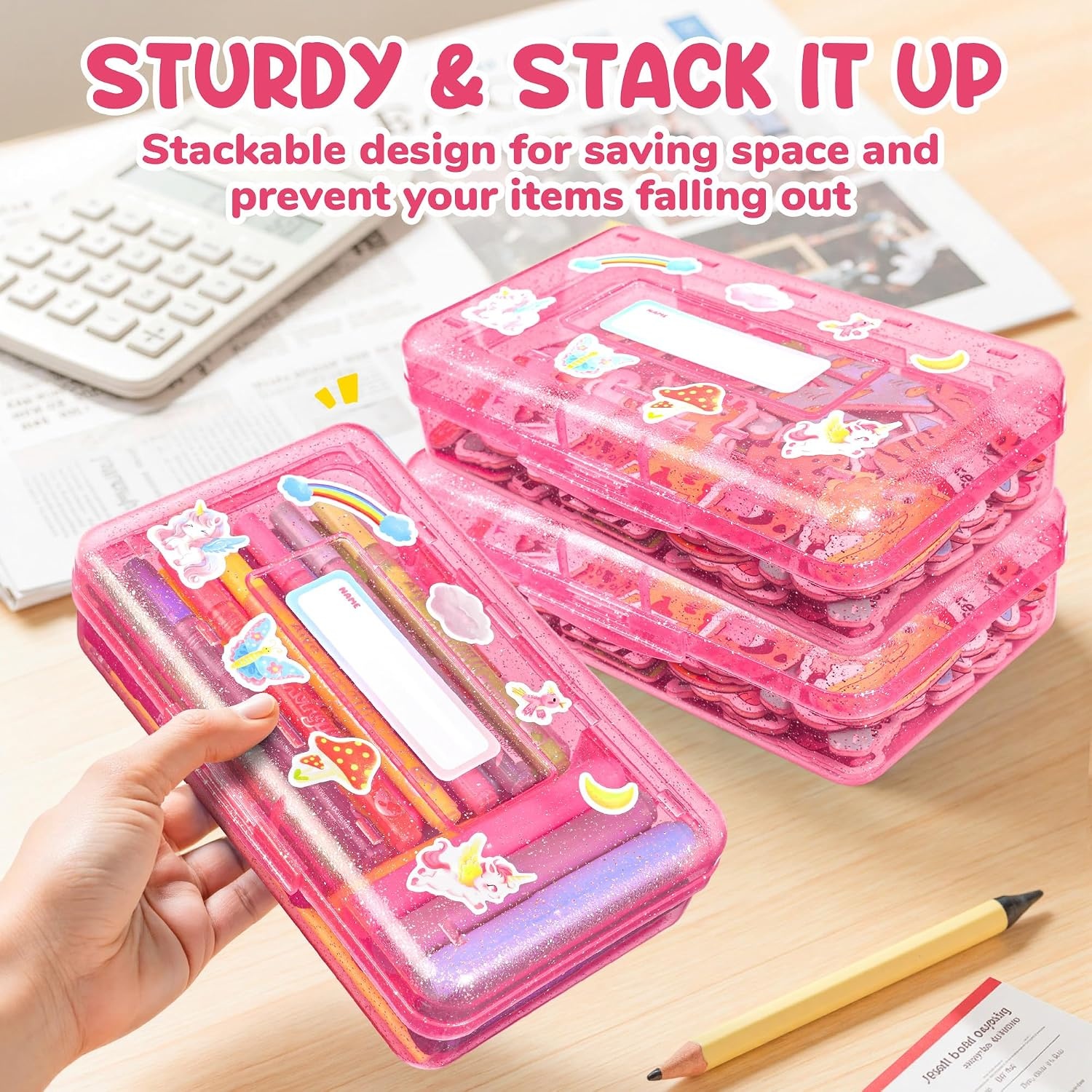 GAMENOTE Plastic Pencil Box with Personalized Sticker,Kid Hard Pencil Case with Snap-tight Lid,Small Art Craft Storage Containers,School Supplies Box for Boys,Girls ((Blue/Green/Pink) 3Pack)(Glitter Pink)