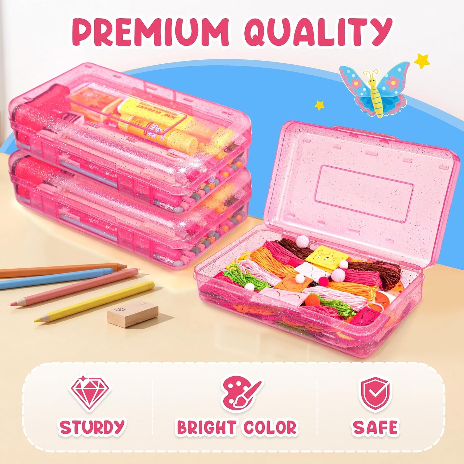 GAMENOTE Plastic Pencil Box with Personalized Sticker,Kid Hard Pencil Case with Snap-tight Lid,Small Art Craft Storage Containers,School Supplies Box for Boys,Girls ((Blue/Green/Pink) 3Pack)(Glitter Pink)