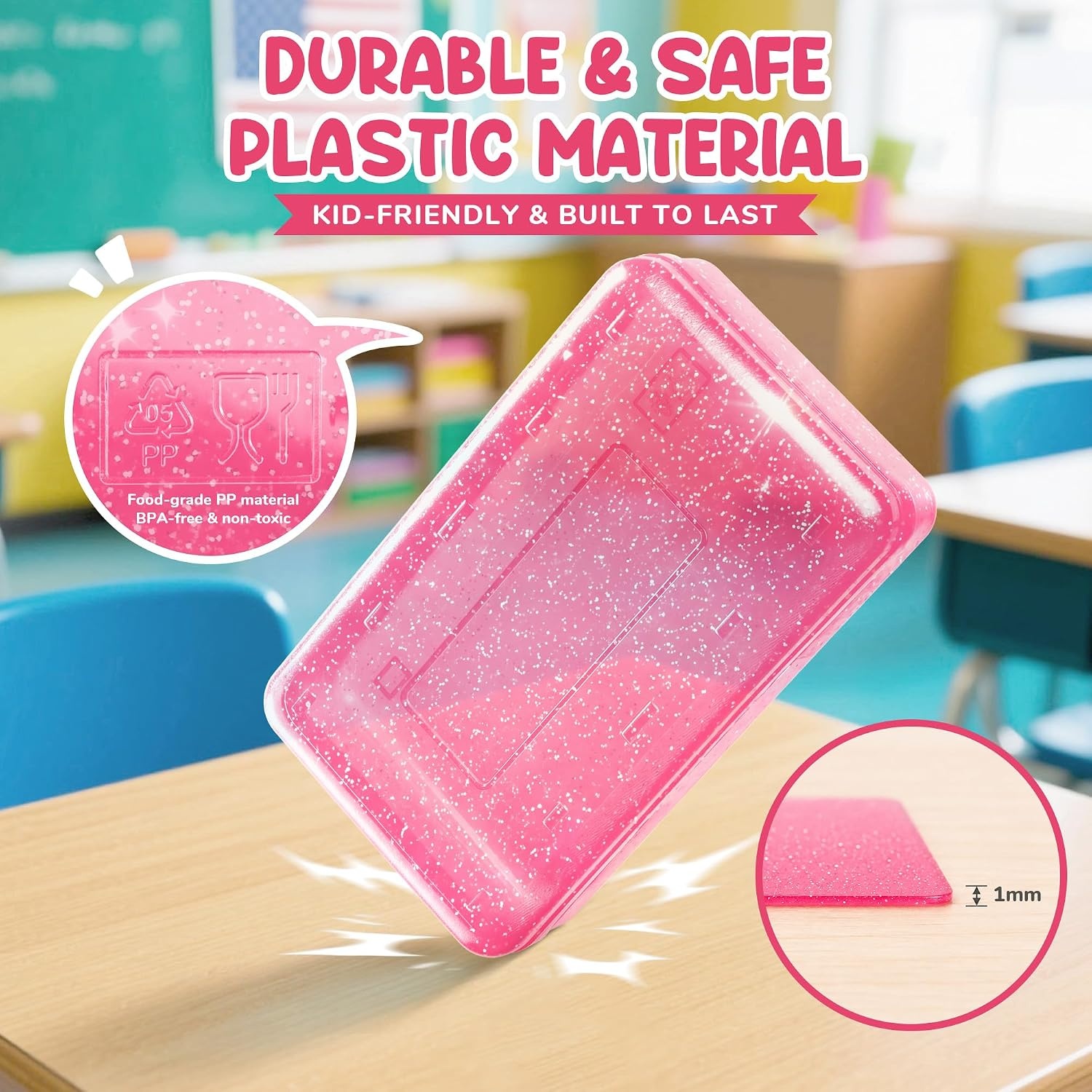 GAMENOTE Plastic Pencil Box with Personalized Sticker,Kid Hard Pencil Case with Snap-tight Lid,Small Art Craft Storage Containers,School Supplies Box for Boys,Girls ((Blue/Green/Pink) 3Pack)(Glitter Pink)
